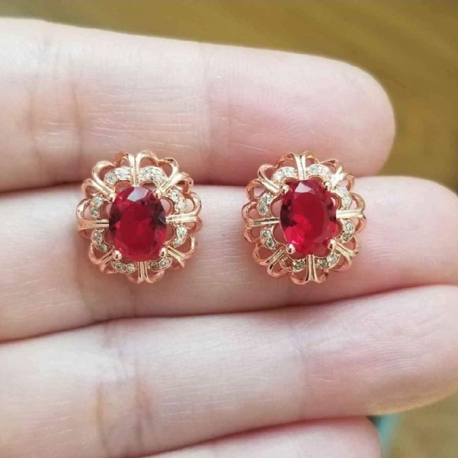 New 18k Rose Gold Plated Oval Cut Ruby Diamond Flower Stud Earrings For Women